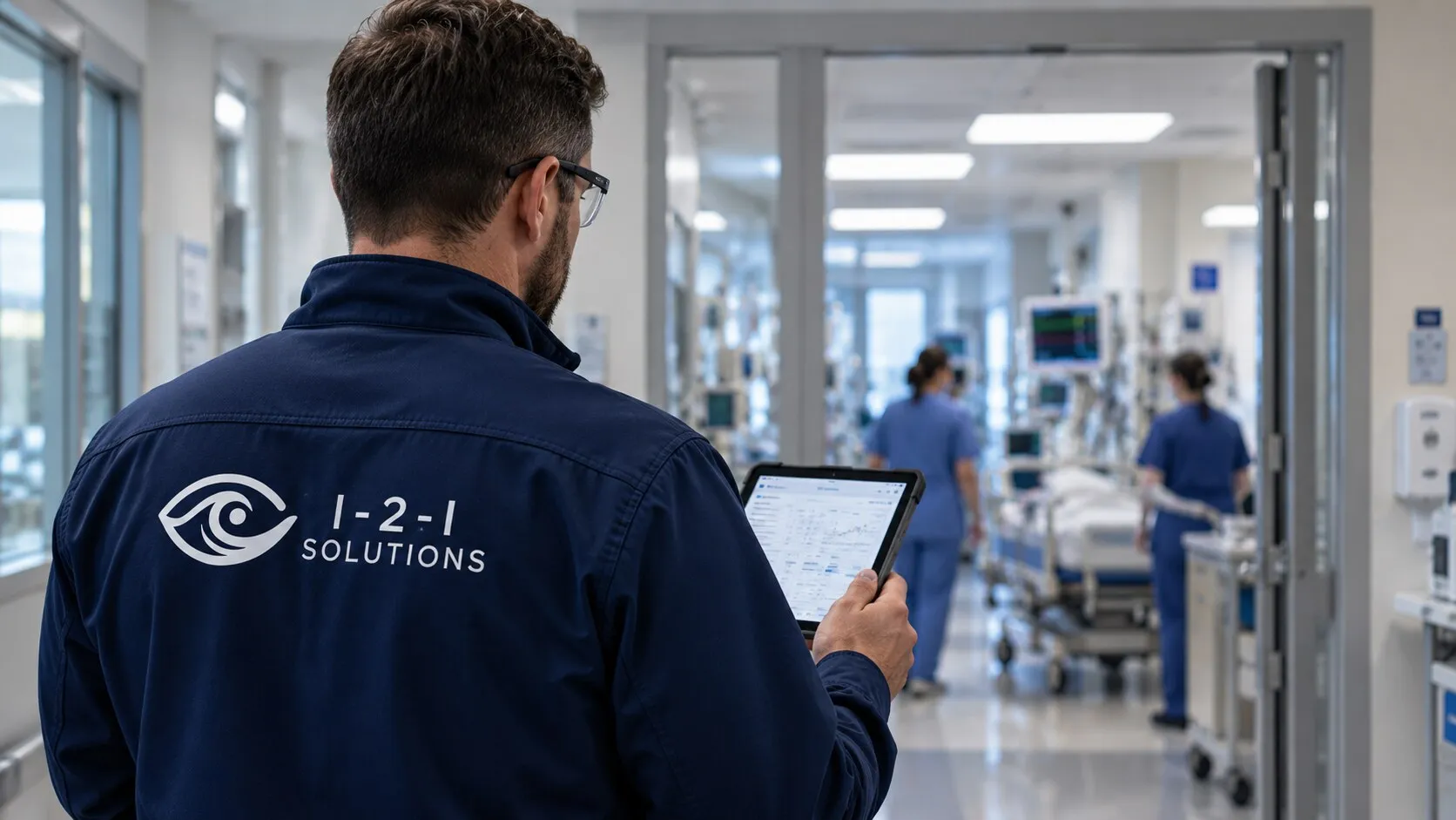 An I-2-I Solutions technician reviewing data on a tablet in a hospital corridor