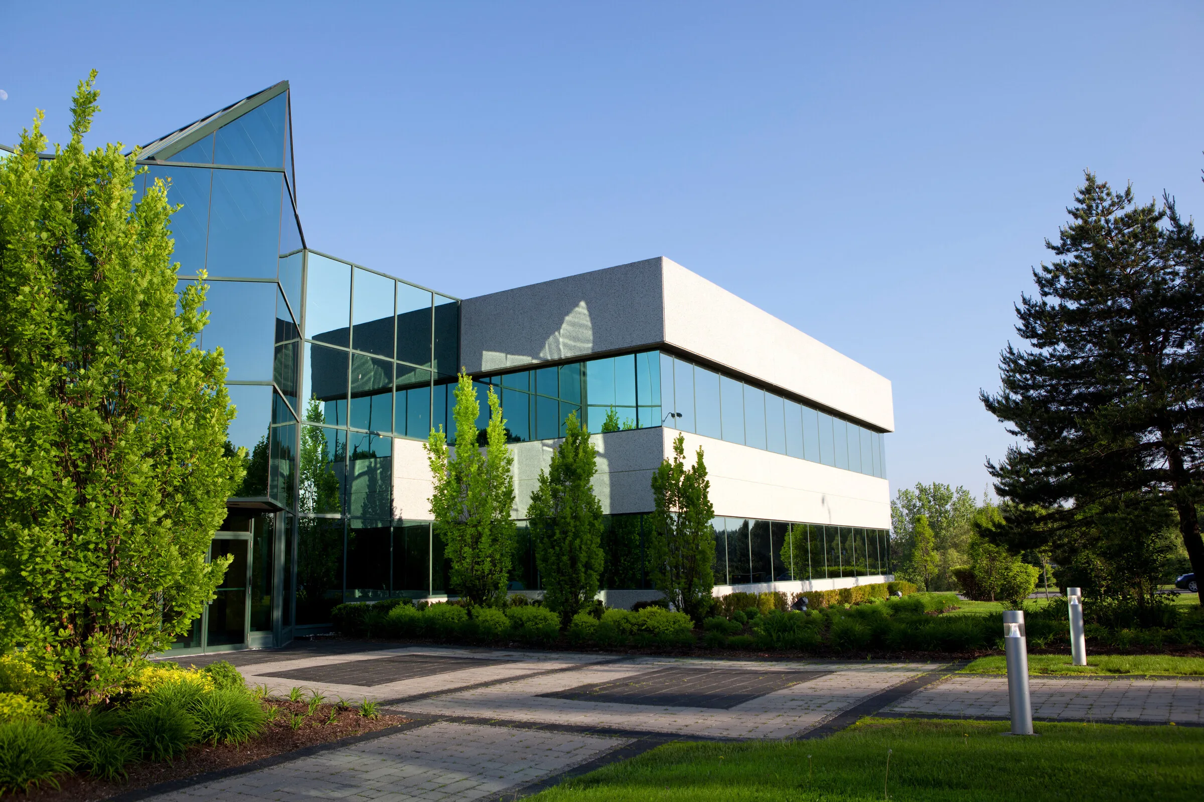 Facility building with landscaped grounds