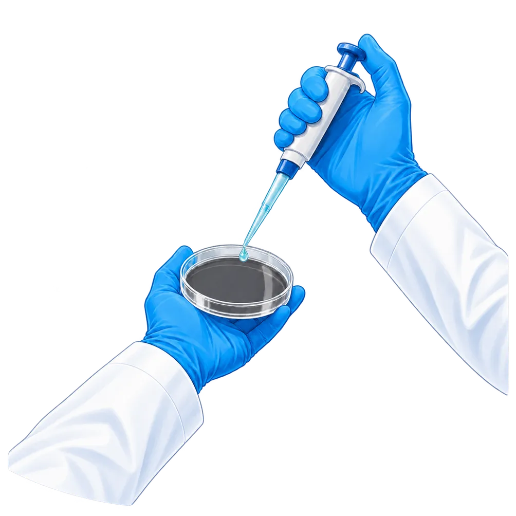 Gloved hands pipetting a water sample into a petri dish