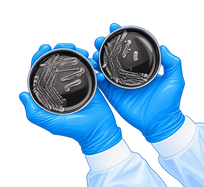 Gloved hands holding two petri dishes with bacterial cultures