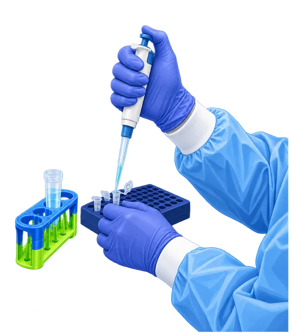 Gloved hand pipetting water samples into test tubes