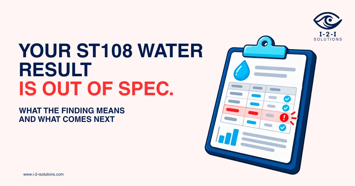 Illustrated ST108 water testing report showing an out-of-specification water quality result in sterile processing