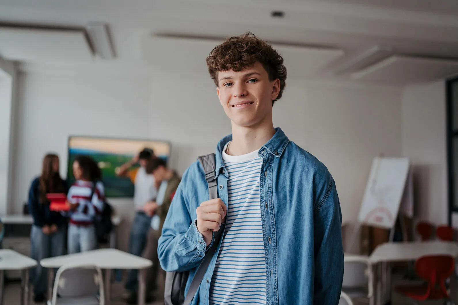 A student with a backpack in a classroom