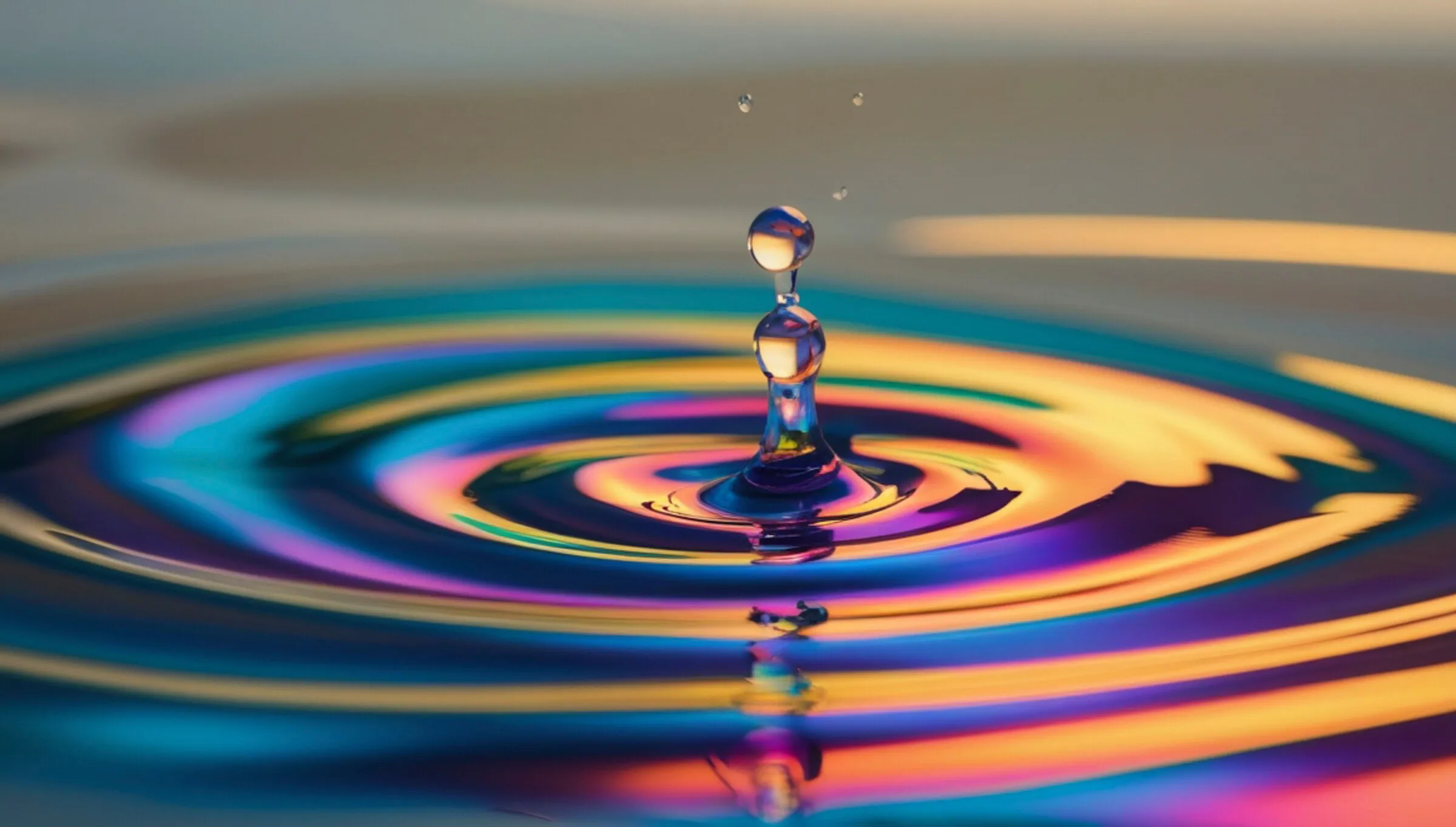 Water droplet rippling on a reflective surface
