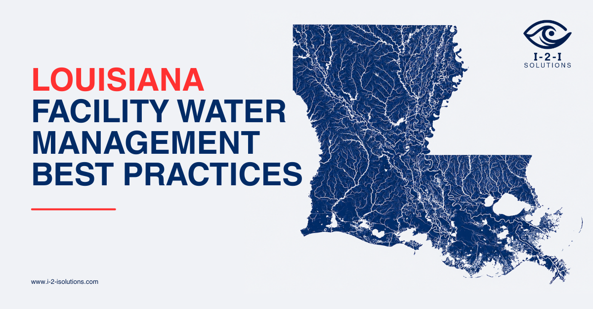 Illustration of Louisiana facility water management showing building water systems, environmental conditions, monitoring, documentation, and water testing considerations.