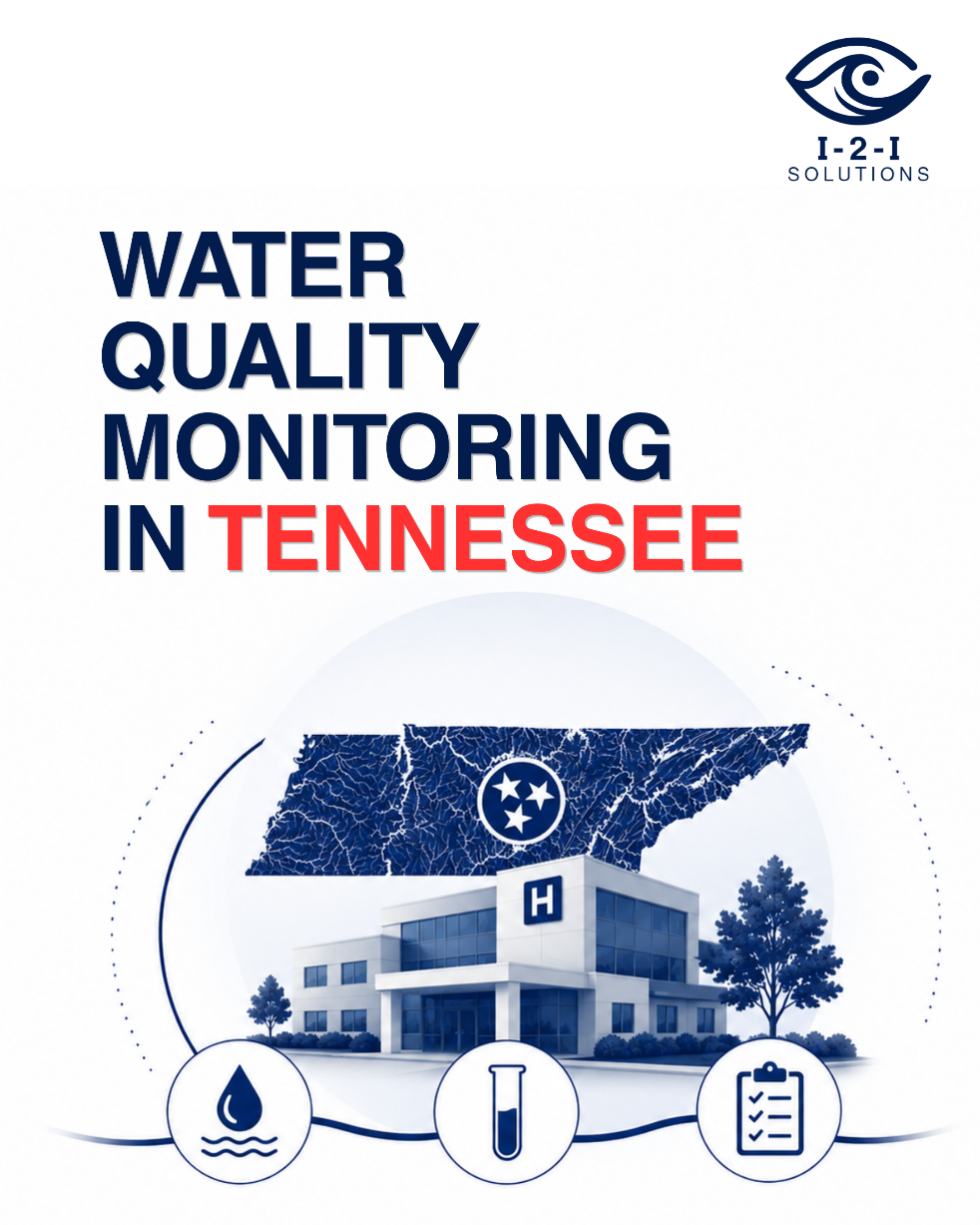 Illustration representing water quality monitoring in Tennessee healthcare facilities, highlighting building water systems, environmental sampling, and water management programs.